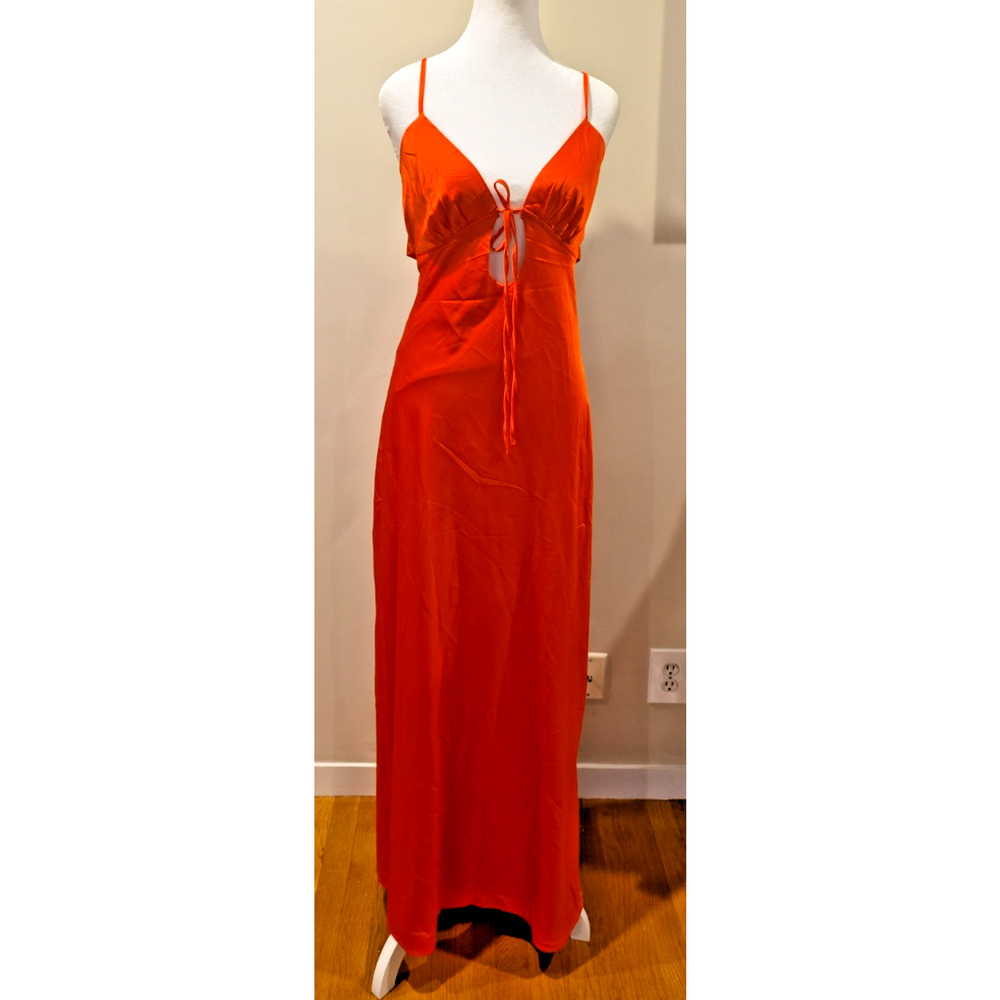 Peppermayo Flora Satin Maxi Dress Citrus Orange Open Back Cutout NWT US 4
